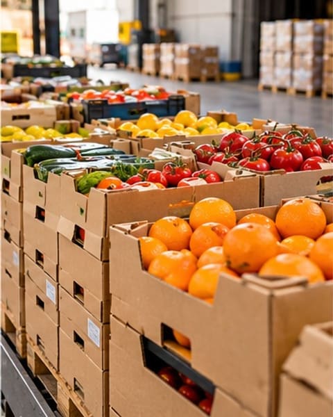 Cartons d'oranges, de tomates et de légumes prêts à l'expédition