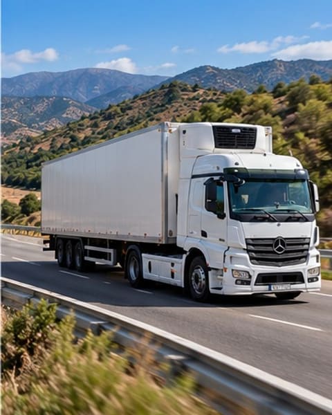 Camion frigorifique sur une route de montagne