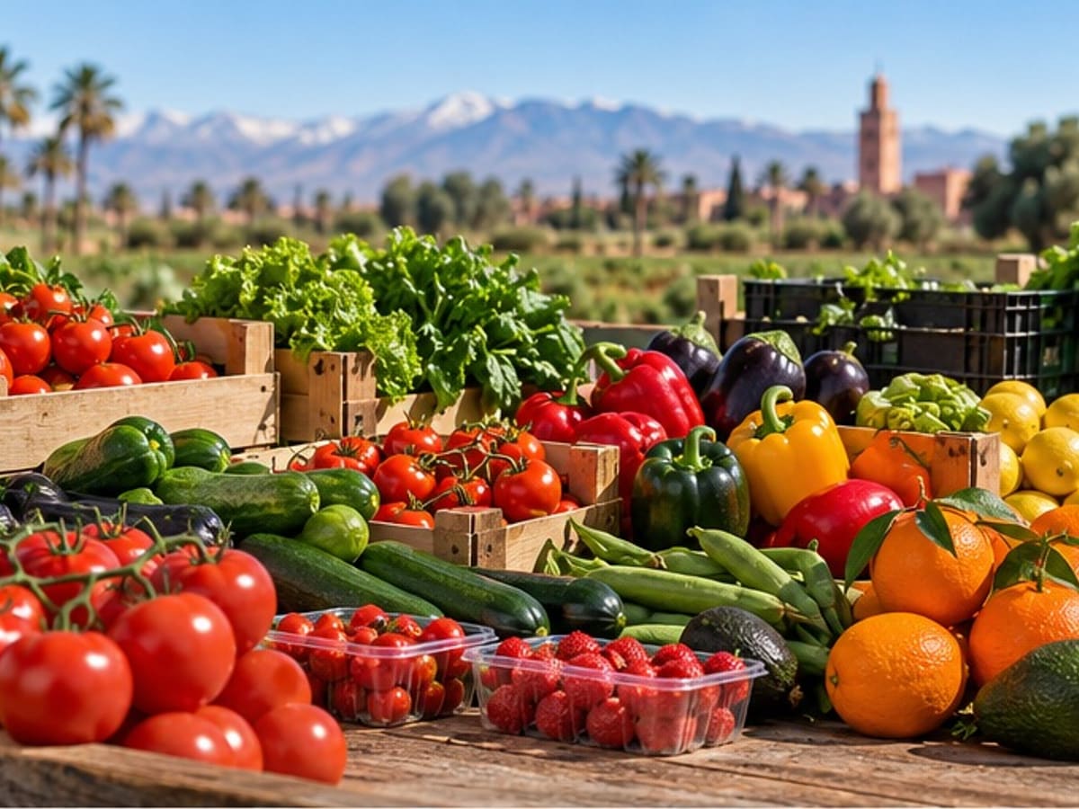 Cagettes de tomates, poivrons, agrumes, concombres et avocats, avec la Koutoubia de Marrakech et l'Atlas en arrière-plan